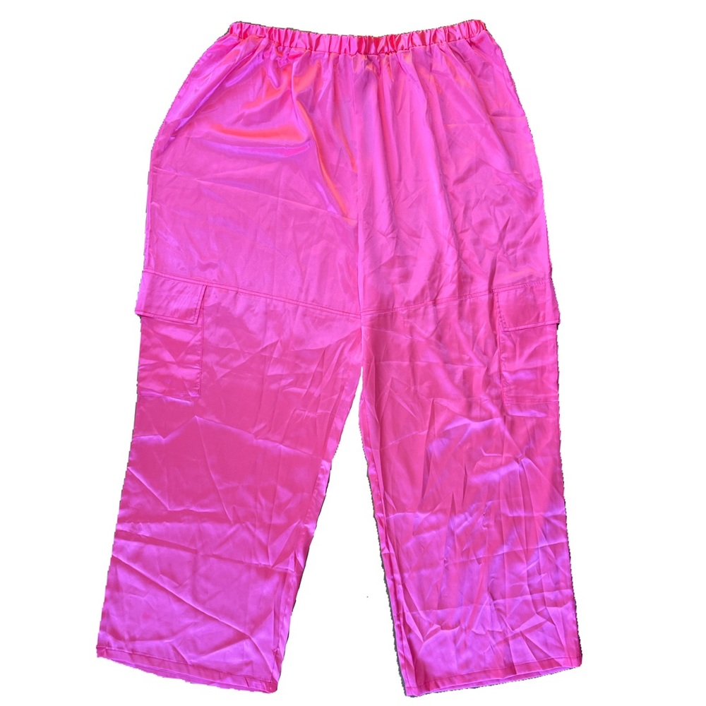 Pink Satin Flowy Wide Leg Cargo Pants